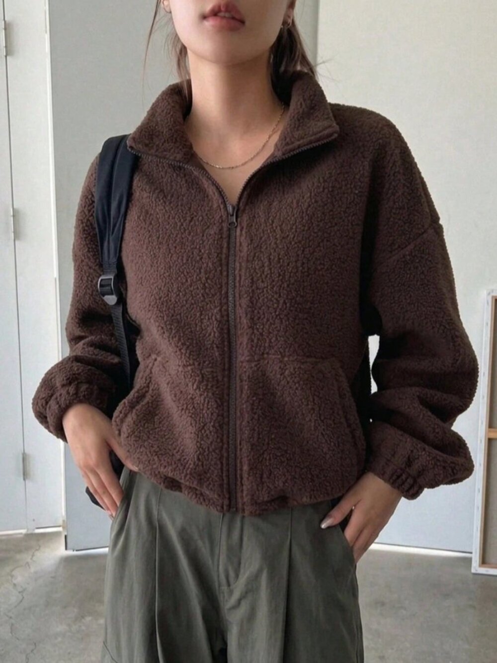Coffee Casual Women's Elegant Pocket Zip-Up Short Teddy Top